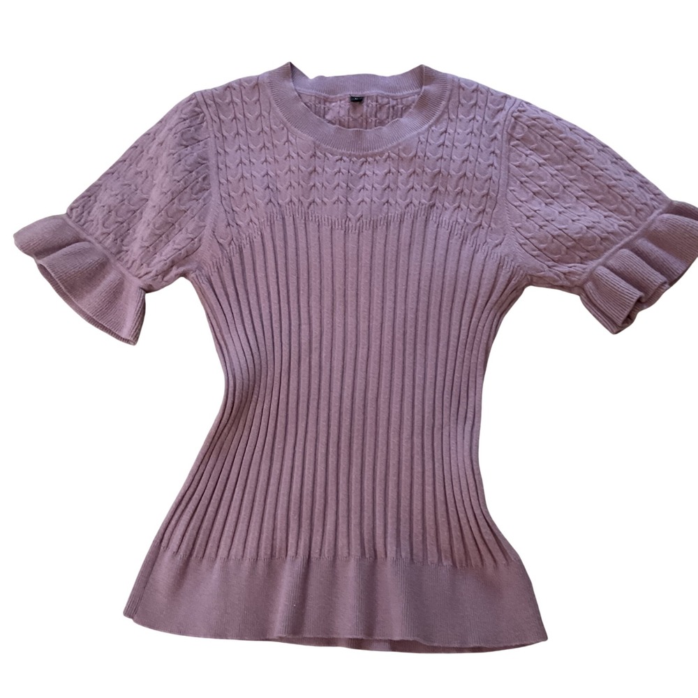 ARACH&CLOZ Womens Mauve Purple Cable‎ Knit Ribbed Ruffle Sleeve Sweater Top L